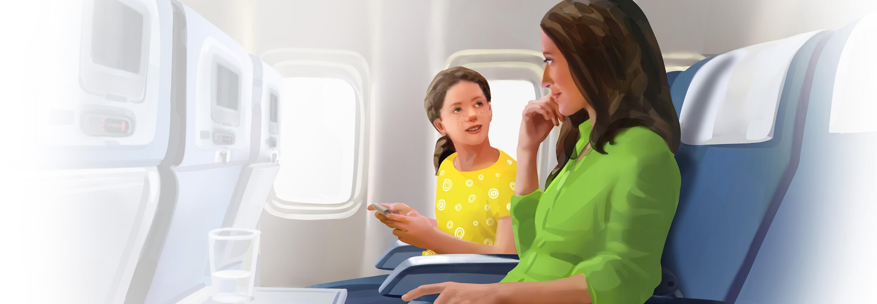 Woman and child talking in the plane
